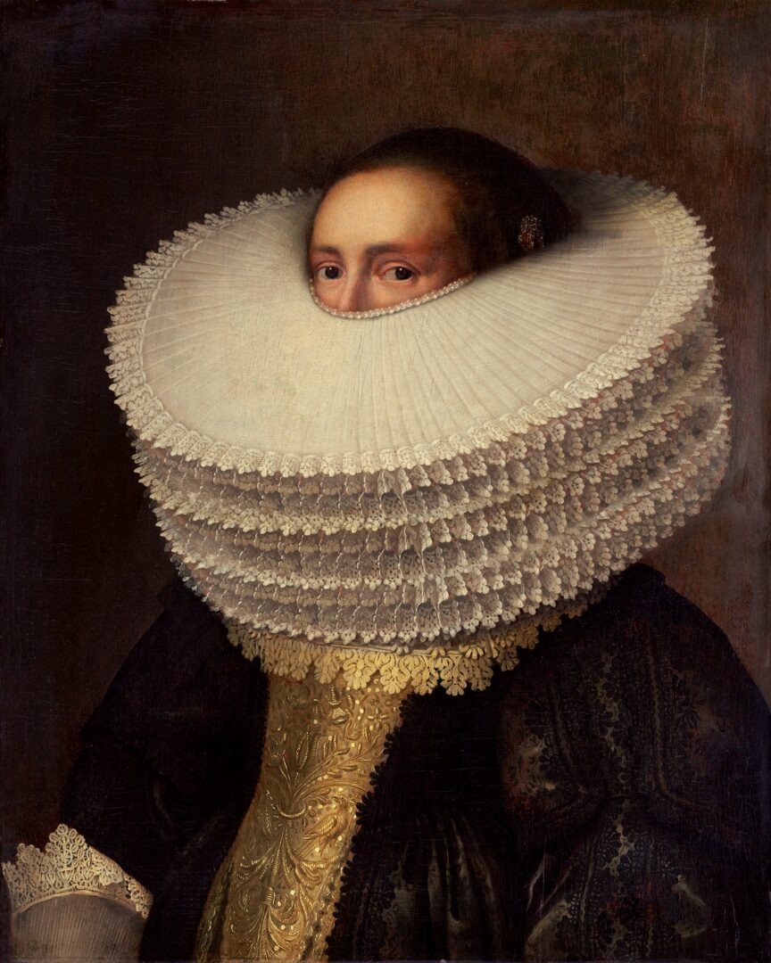 Van Mierevelt V photo collage from the Hidden Portraits series. The photo shows an old painting by van Mierevelt, to which Volker Hermes has added several layers to the subject’s ruff so that the face is concealed up to the nose and eyes.